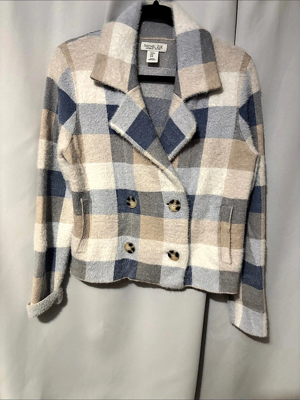 Rachel Zoe Fuzzy Plaid Double-Breasted Blazer Blue & White Medium